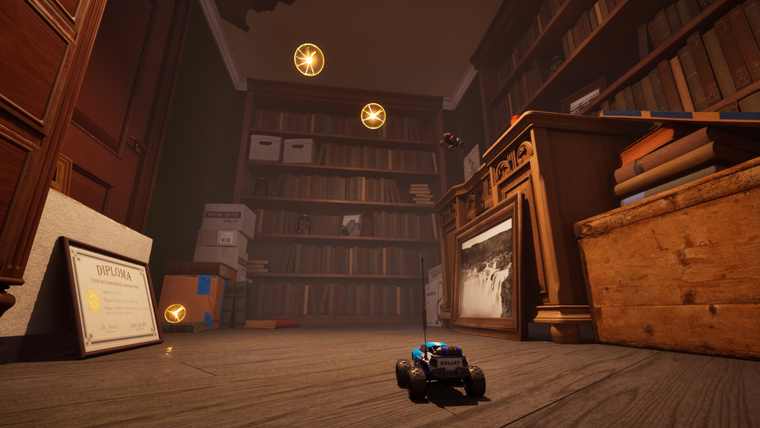A red RC car driving along a wooden shelf lined with glowing red buttons and levers